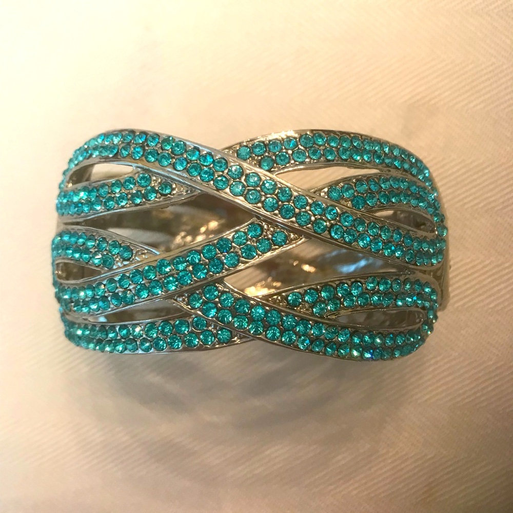 Silver Tone Cuff Bracelet with Aquamarine Crystals Set in Swirling Waves Design